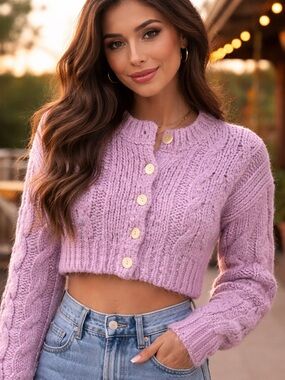 Urban Outfitters Chunky Knit Cropped Cardigan Lavender M Cozy Soft